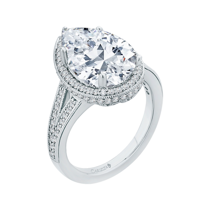 Split Shank Pear Cut Diamond Halo Engagement Ring in 18K White Gold (Semi-Mount)