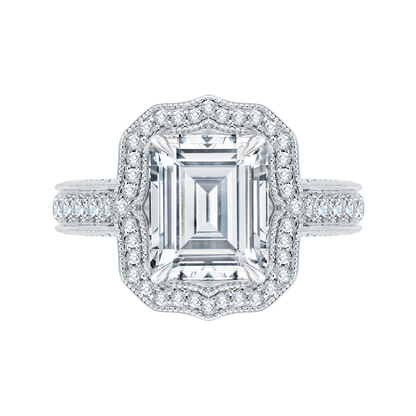 Emerald Cut Diamond Halo Bridal Engagement Ring in 18K White Gold (Semi-Mount)