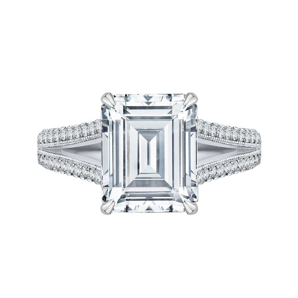 Split Shank Emerald Cut Diamond Engagement Ring in 18K White Gold (Semi-Mount)