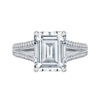 Split Shank Emerald Cut Diamond Engagement Ring in 18K White Gold (Semi-Mount)