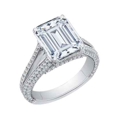 Split Shank Emerald Cut Diamond Engagement Ring in 18K White Gold (Semi-Mount)