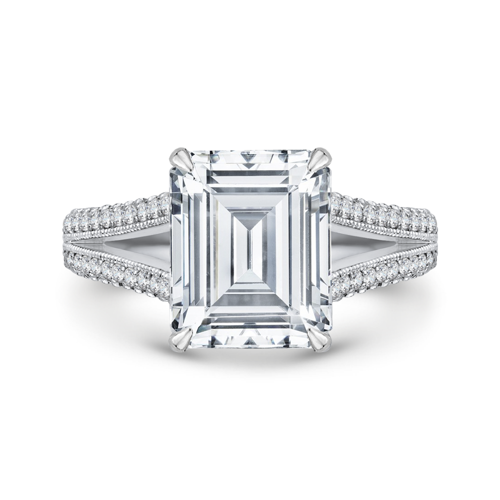 Split Shank Emerald Cut Diamond Bridal Engagement Ring in 18K White Gold (Semi-Mount)