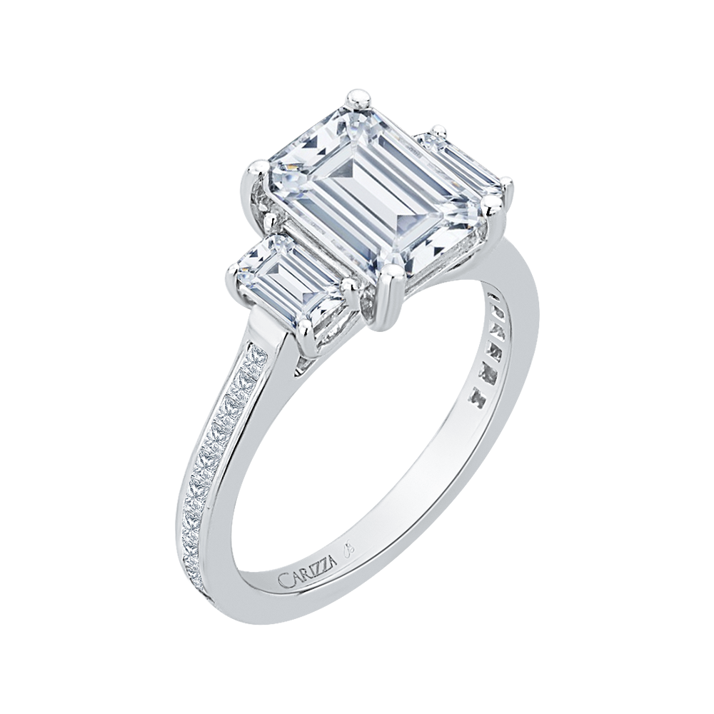 Emerald Cut Diamond Three-Stone Engagement Ring in 18K White Gold (Semi-Mount)