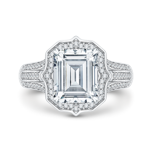 Emerald Cut Diamond Halo Engagement Ring in 18K White Gold (Semi-Mount)