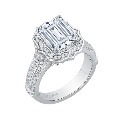 Emerald Cut Diamond Halo Engagement Ring in 18K White Gold (Semi-Mount)