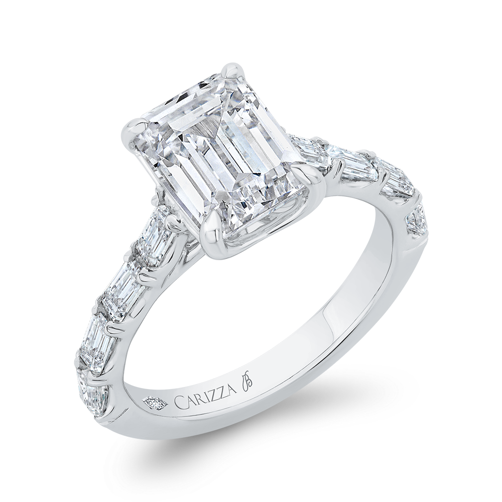14K White Gold Emerald Cut Diamond Solitaire Plus Engagement Ring (Semi-Mount)