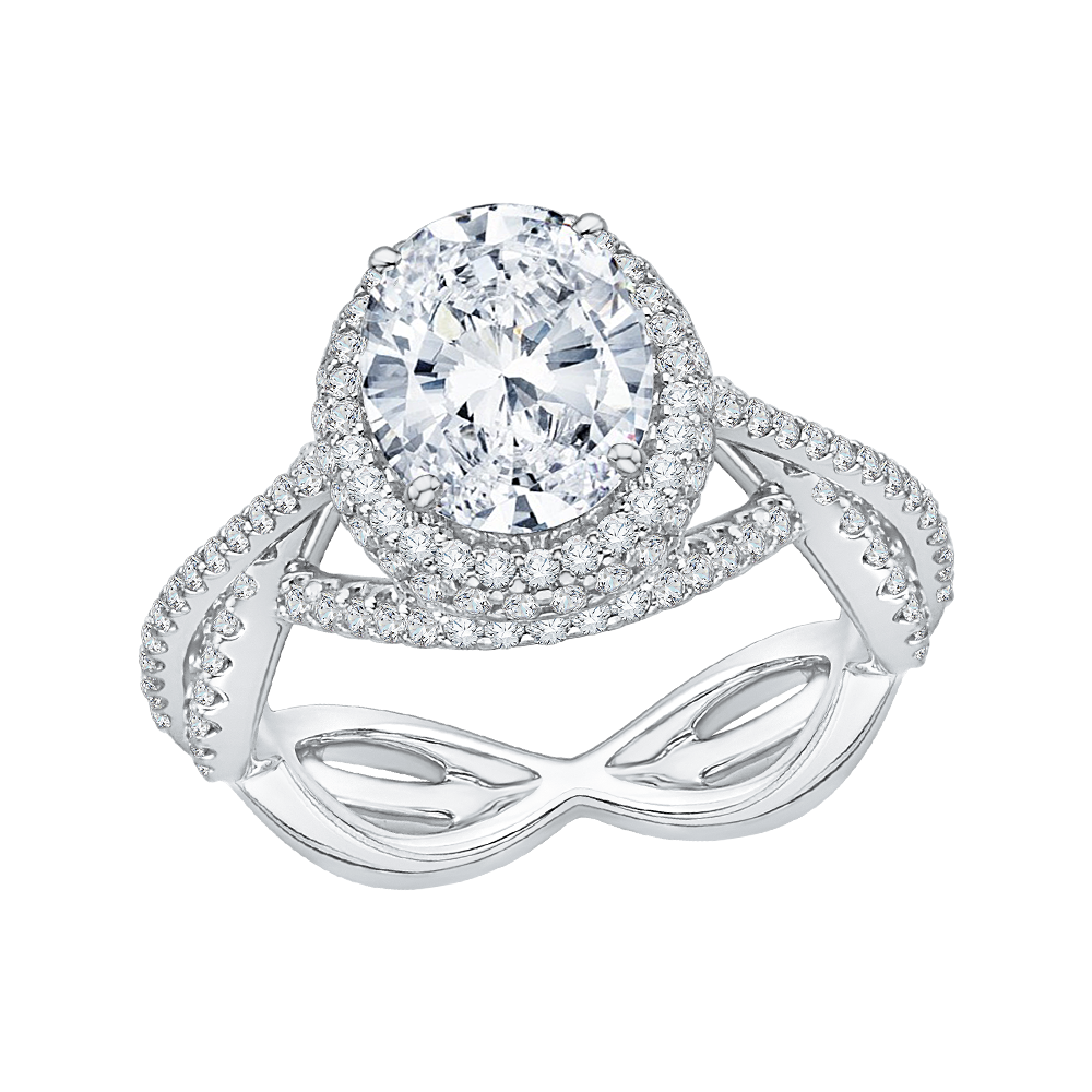 Criss-Cross Shank Oval Cut Diamond Halo Engagement Ring in 18K White Gold (Semi-Mount)