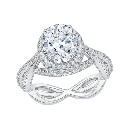 Criss-Cross Shank Oval Cut Diamond Halo Engagement Ring in 18K White Gold (Semi-Mount)