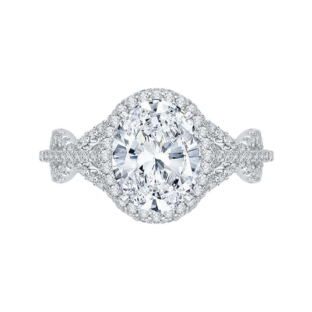 Criss-Cross Shank Oval Cut Diamond Halo Engagement Ring in 18K White Gold (Semi-Mount)