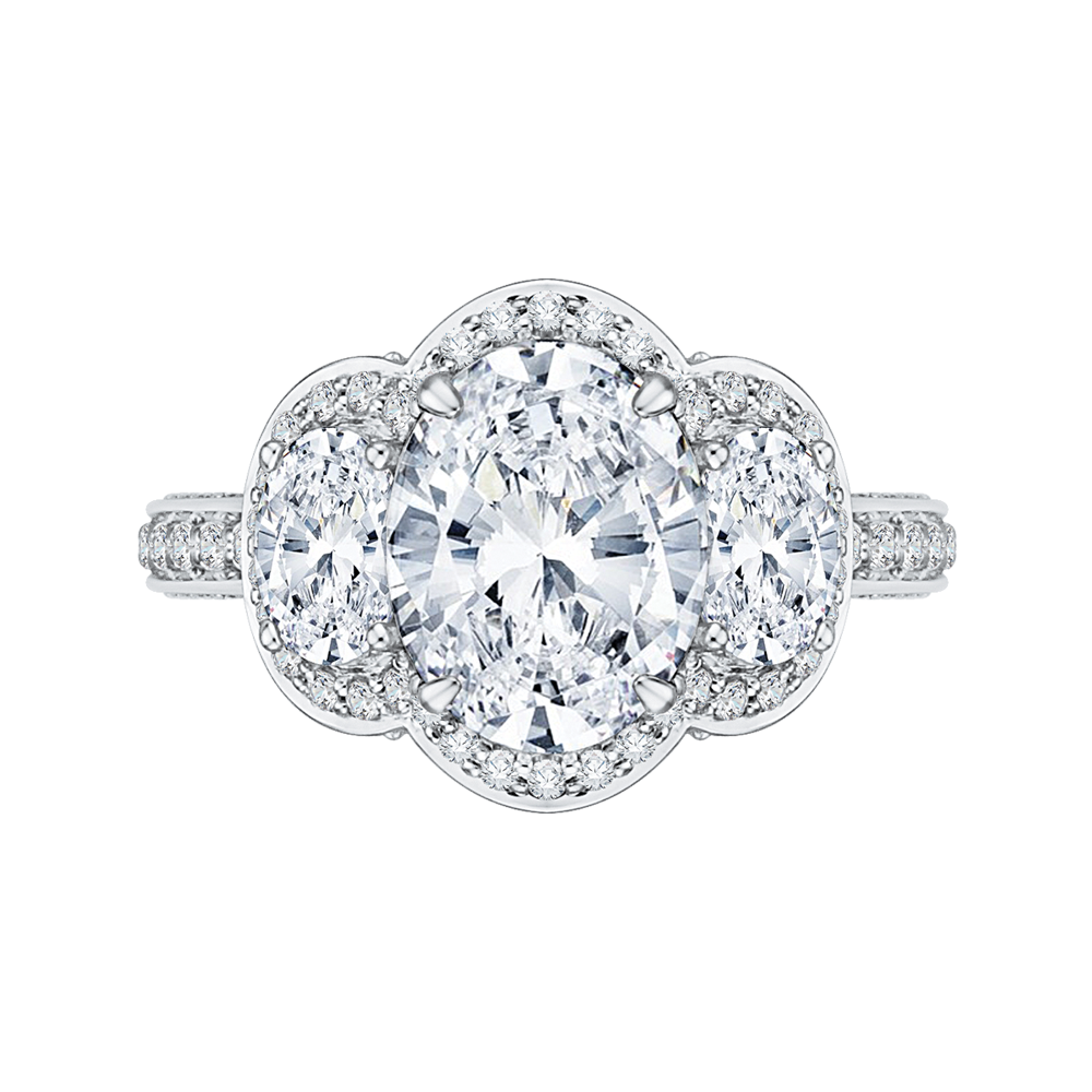 Oval Cut Diamond Three-Stone Halo Engagement Ring in 18K White Gold (Semi-Mount)