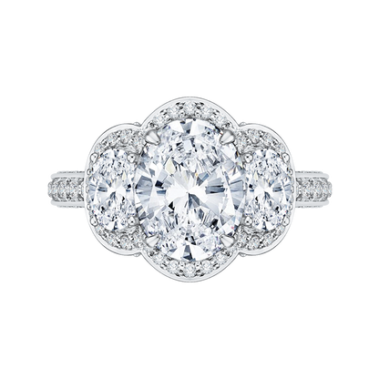 Oval Cut Diamond Three-Stone Halo Engagement Ring in 18K White Gold (Semi-Mount)