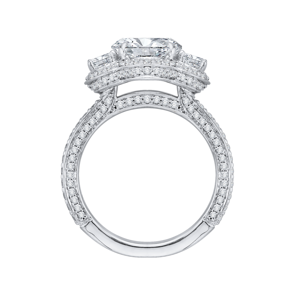 Oval Cut Diamond Three-Stone Halo Engagement Ring in 18K White Gold (Semi-Mount)