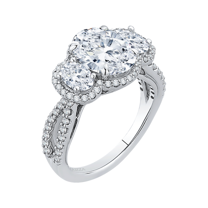 Split Shank Oval Cut Diamond Three-Stone Halo Engagement Ring in 18K White Gold (Semi-Mount)