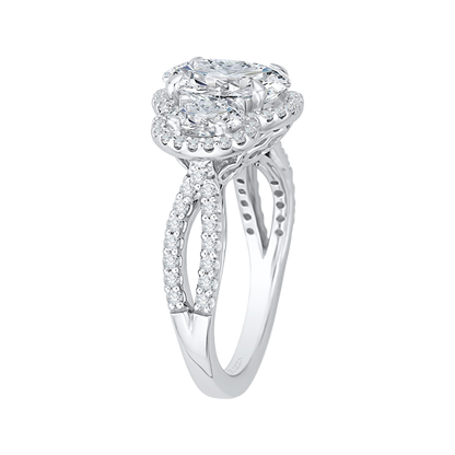 Split Shank Oval Cut Diamond Three-Stone Halo Engagement Ring in 18K White Gold (Semi-Mount)