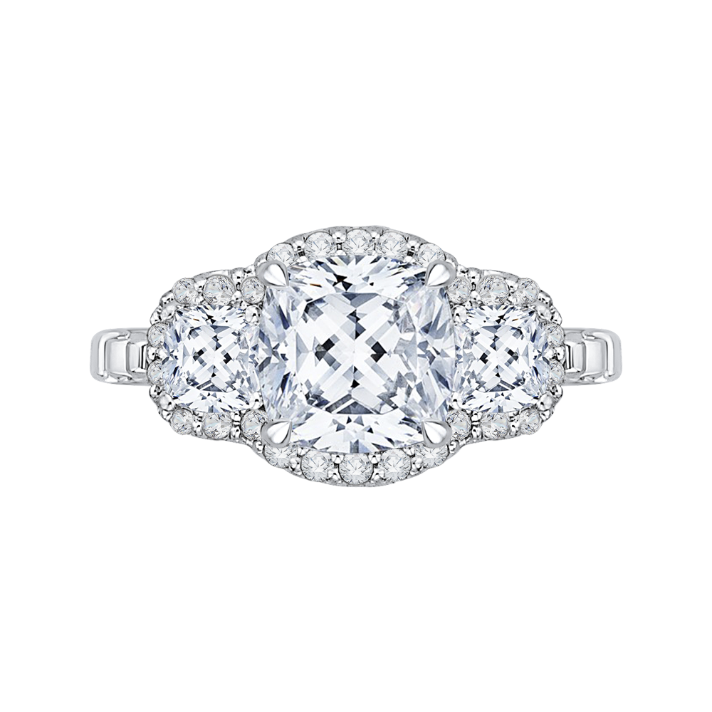 Cushion Cut Three-Stone Diamond Halo Engagement Ring in 18K White Gold (Semi-Mount)