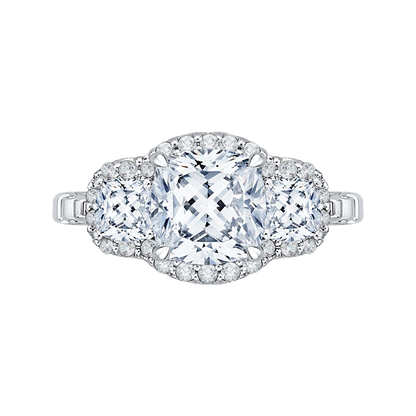 Cushion Cut Three-Stone Diamond Halo Engagement Ring in 18K White Gold (Semi-Mount)