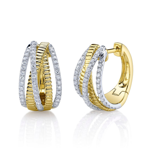 0.48CT 14K2T Y/W DIAMOND RIBBED BRIDGE HOOP EARRING