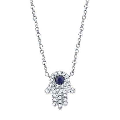 0.09CT DIAMOND & 0.08CT BLUE SAPPHIRE HAMSA NECKLACE