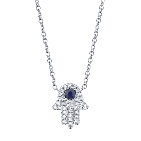 0.09CT DIAMOND & 0.08CT BLUE SAPPHIRE 14K W/G HAMSA NECKLACE