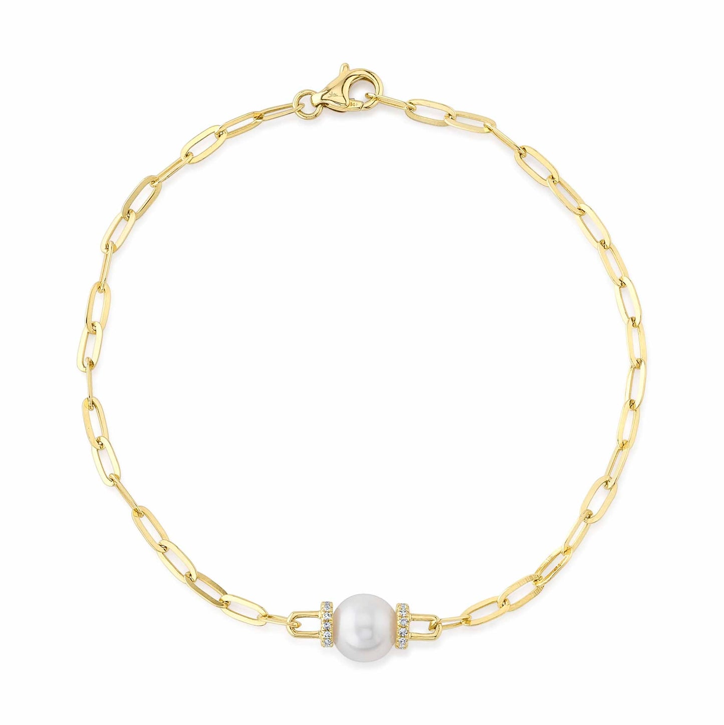 0.07CT 14K Y/G DIAMOND & CULTURED PEARL PAPER CLIP LINK BRACELET