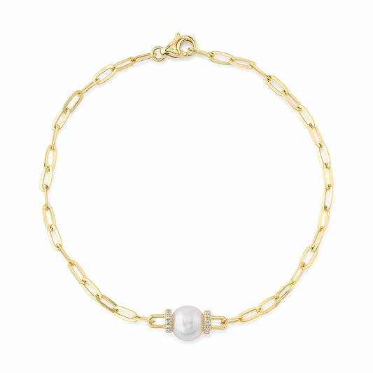 0.07CT 14K Y/G DIAMOND & CULTURED PEARL PAPER CLIP LINK BRACELET