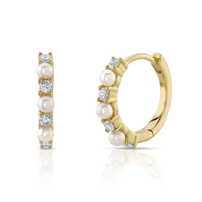 0.14CT 14K Y/G DIAMOND & CULTURED PEARL HUGGIE EARRING