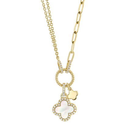 0.12CT DIAMOND & 0.54CT MOTHER OF PEARL 14K Y/G CLOVER PAPER CLIP LINK NECKLACE