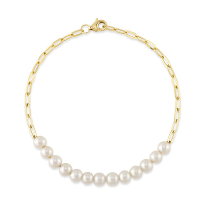 14K Y/G CULTURED PEARL PAPER CLIP LINK BRACELET