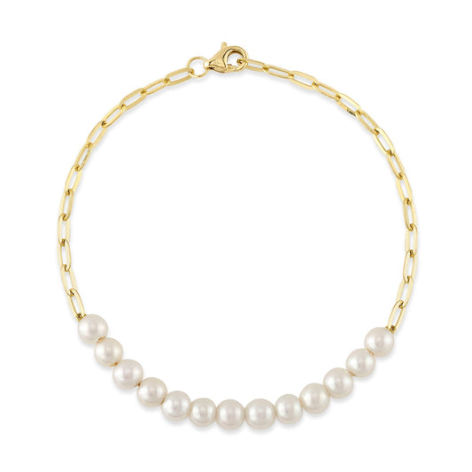14K Y/G CULTURED PEARL PAPER CLIP LINK BRACELET