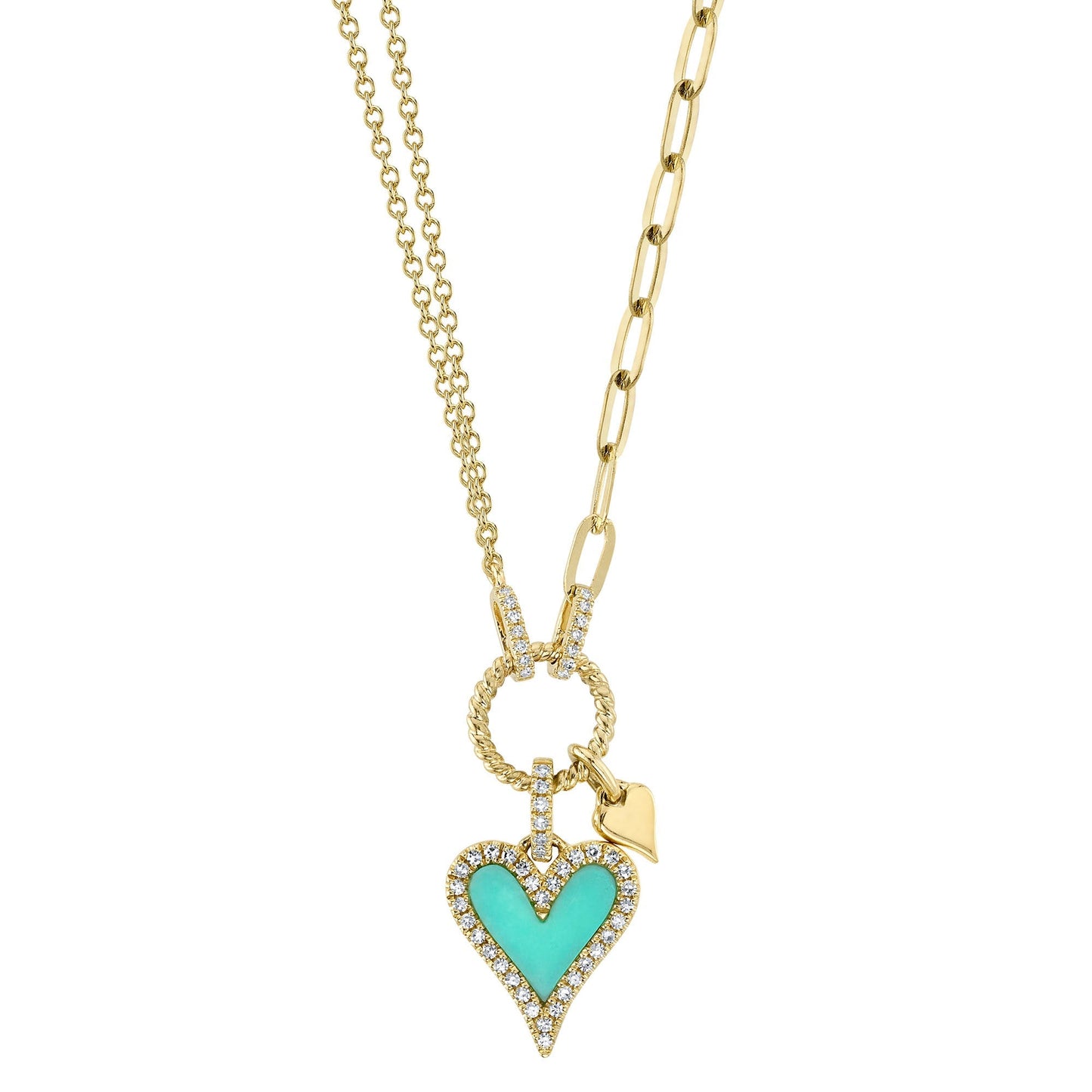 0.13CT DIAMOND & 0.39CT COMPOSITE TURQUOISE 14K Y/G HEART PAPER CLIP LINK NECKLACE