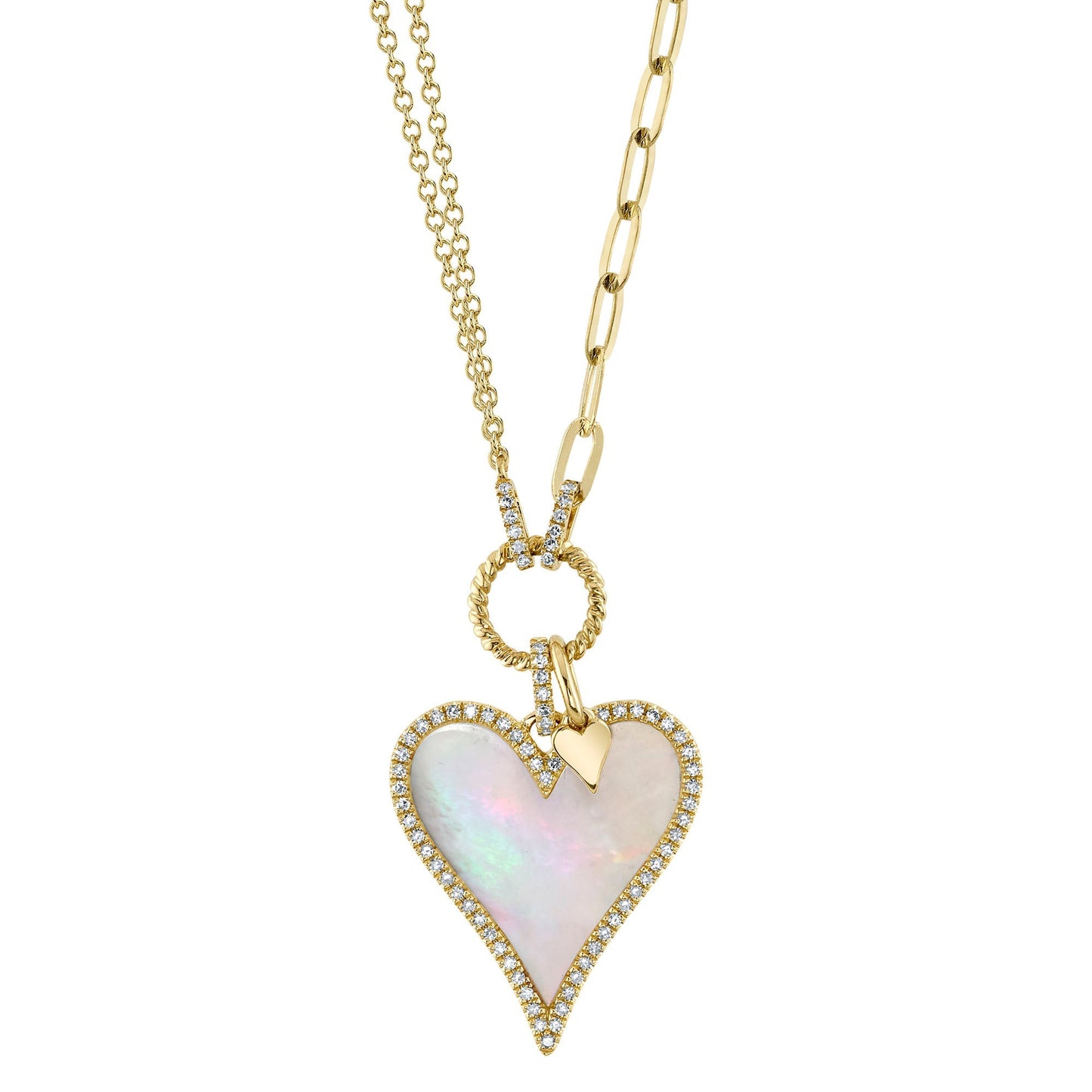 0.20CT DIAMOND & 2.07CT MOTHER OF PEARL 14K Y/G HEART PAPER CLIP LINK NECKLACE