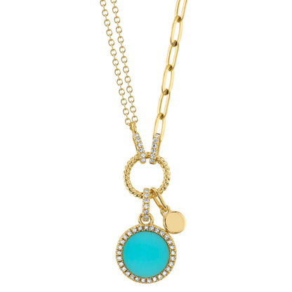 0.13CT DIAMOND & 0.70CT COMPOSITE TURQUOISE 14K Y/G CIRCLE PAPER CLIP LINK NECKLACE