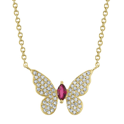 0.16CT DIAMOND & 0.09CT RUBY 14K Y/G MARQUISE BUTTERFLY NECKLACE