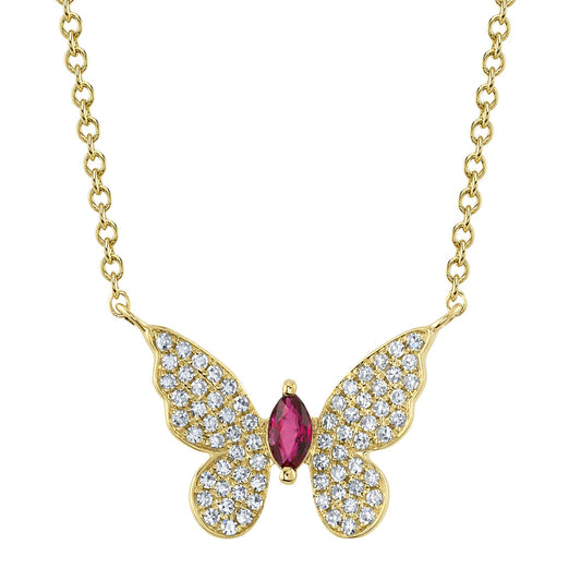 0.16CT DIAMOND & 0.09CT RUBY 14K Y/G MARQUISE BUTTERFLY NECKLACE
