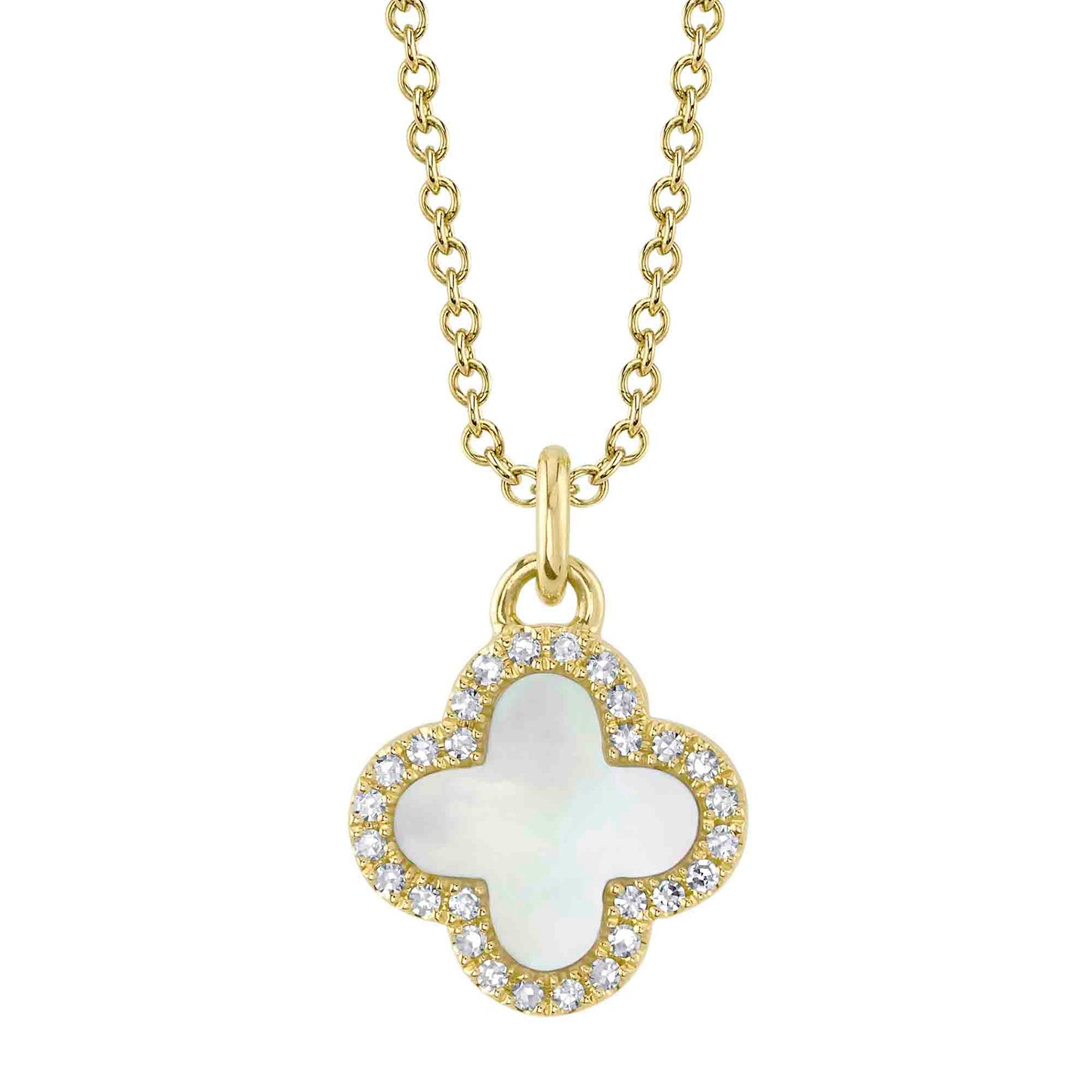 0.08CT DIAMOND &  0.41CT MOTHER OF PEARL 14K Y/G CLOVER NECKLACE