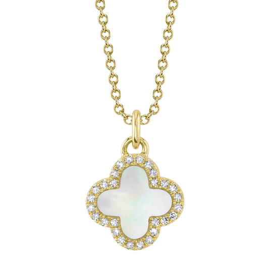 0.08CT DIAMOND &  0.41CT MOTHER OF PEARL 14K Y/G CLOVER NECKLACE
