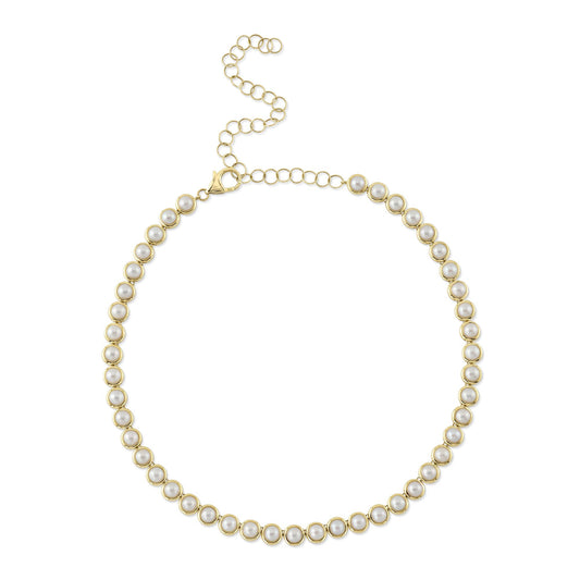 14K Y/G CULTURED PEARL BEZEL TENNIS NECKLACE
