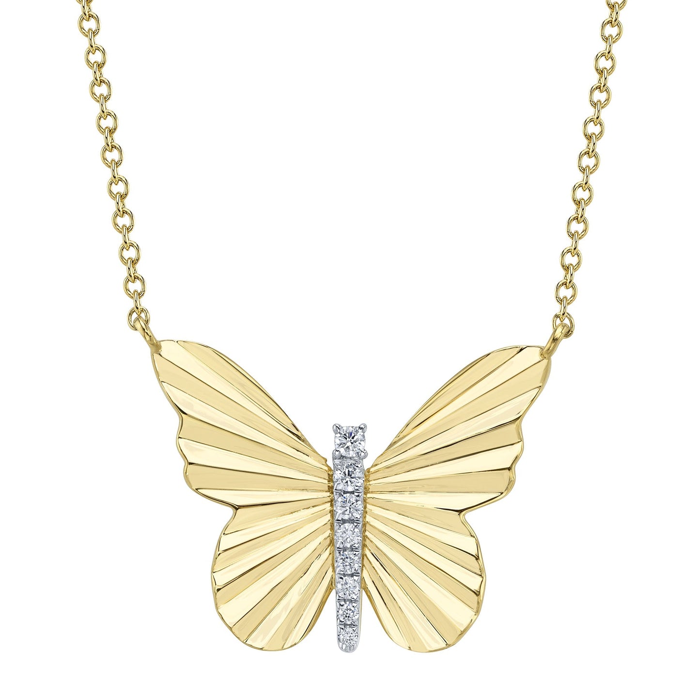 0.06CT 14K Y/G DIAMOND RIBBED BUTTERFLY NECKLACE