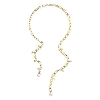 0.27CT 14K2T Y/W DIAMOND & CULTURED PEARL BEZEL PAPER CLIP LINK NECKLACE