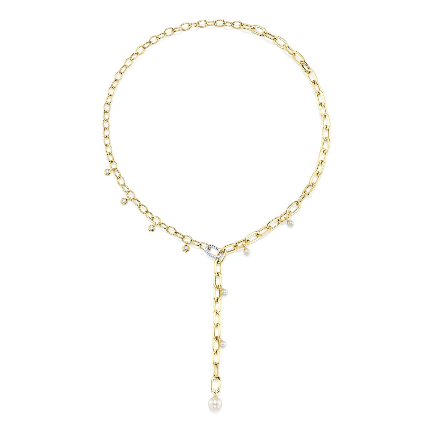 0.27CT 14K2T Y/W DIAMOND & CULTURED PEARL BEZEL PAPER CLIP LINK NECKLACE