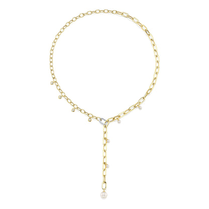 0.27CT 14K2T Y/W DIAMOND & CULTURED PEARL BEZEL PAPER CLIP LINK NECKLACE