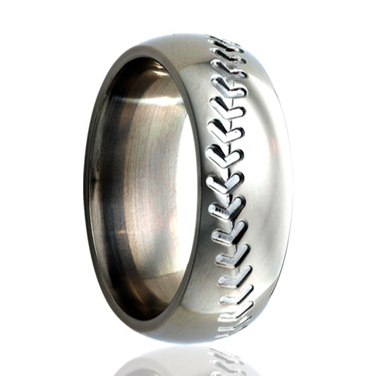 Tungsten Dome Polished Baseball Pattern Ring - 2-3 Week Delivery
