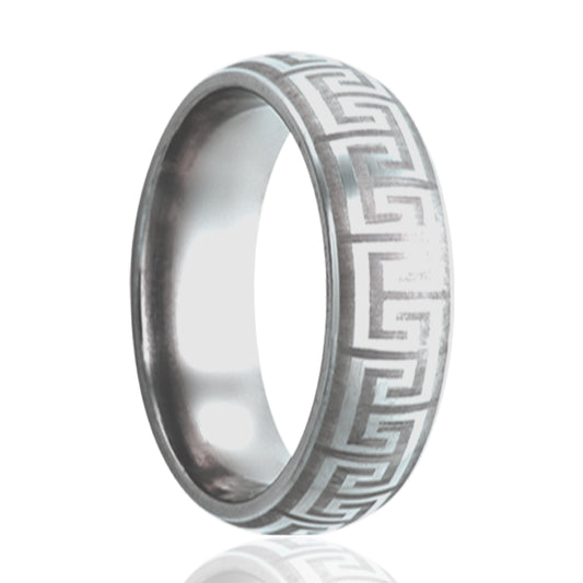 Titanium Dome Polished Ring with Greek Key Engraving