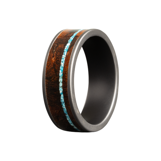 Tungsten Ring with Burl Wood and Turquoise