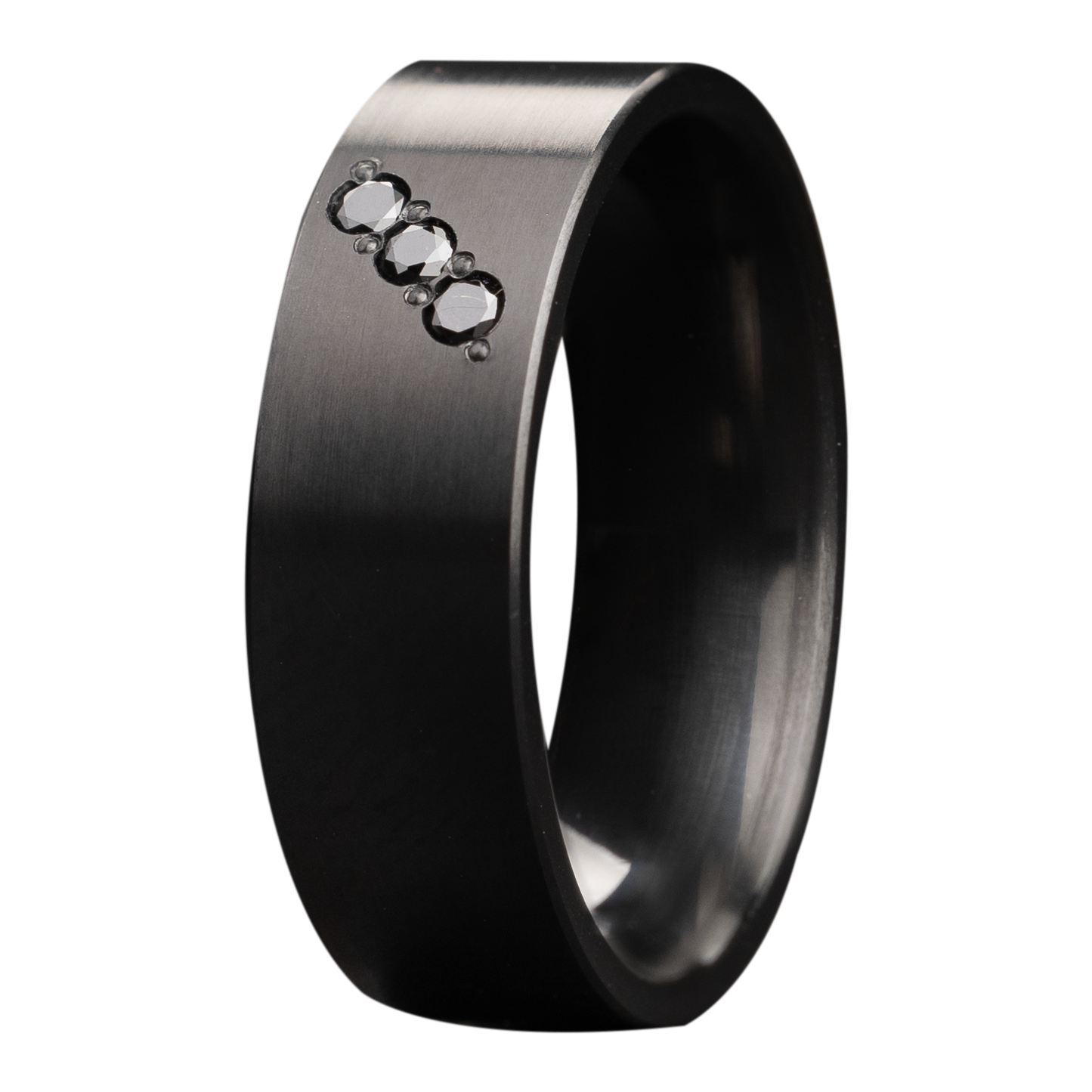 Zirconium Comfort Fit Satin Ring with Black Diamonds