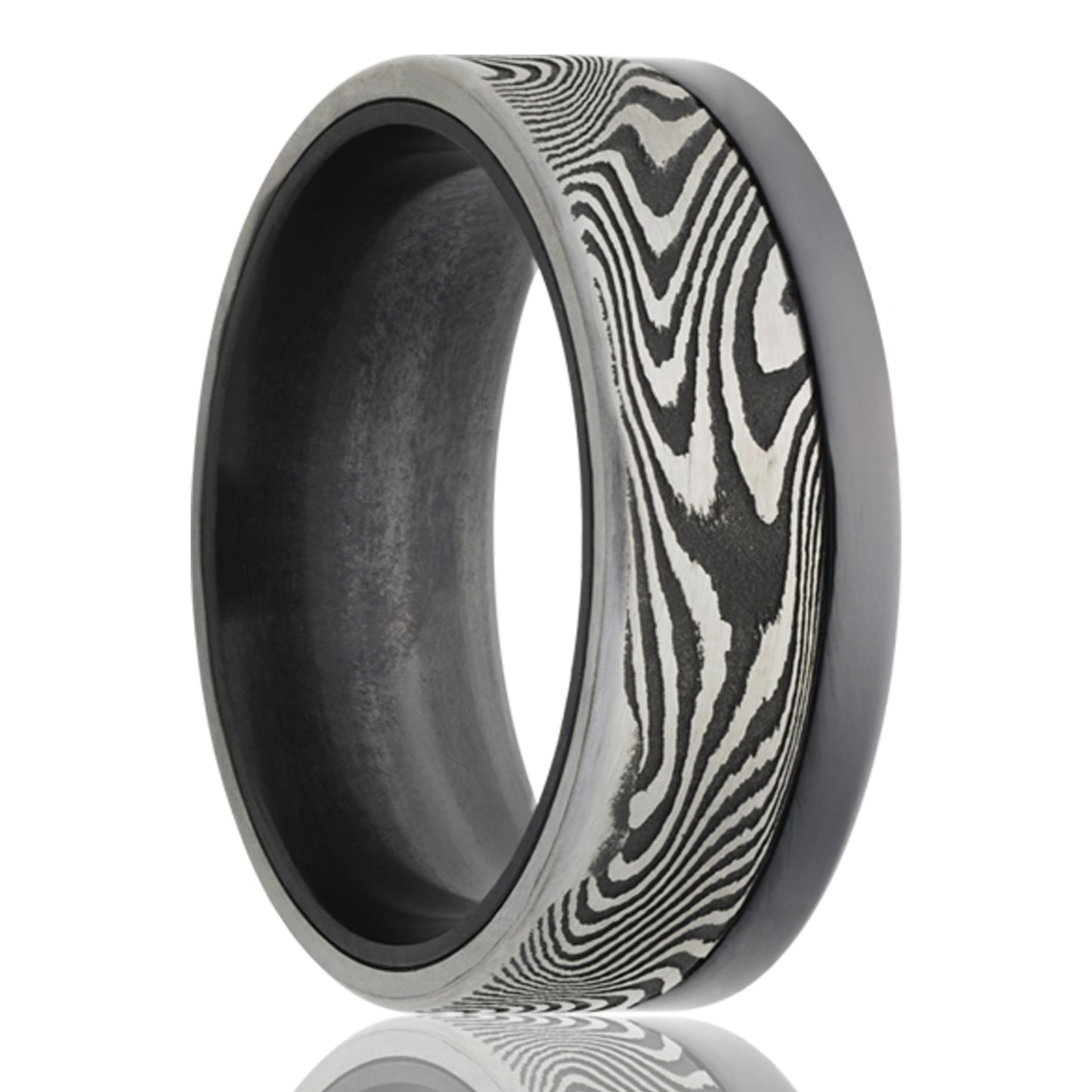 Metal Zirconium, Comfort Fit, Satin Finish, Damascus Overlay