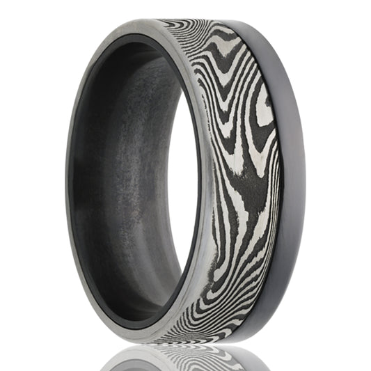 Metal Zirconium, Comfort Fit, Satin Finish, Damascus Overlay