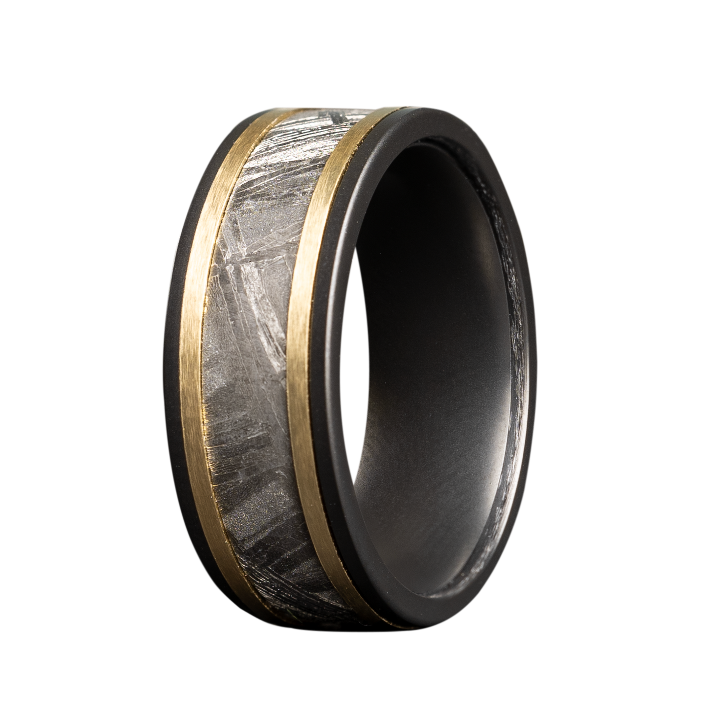 Zirconium Matte Flat Ring with Gold and Meteorite