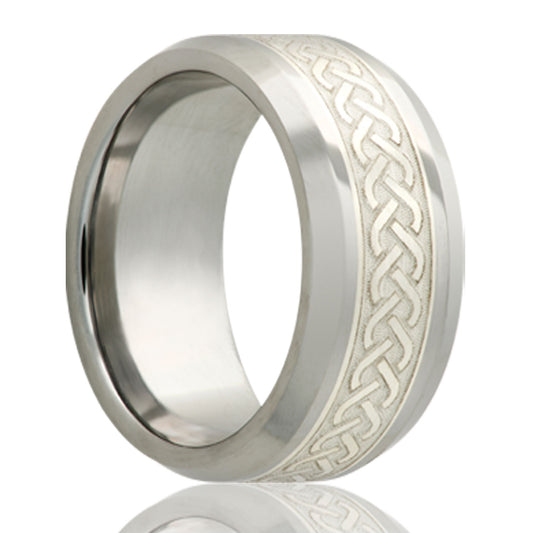 Tungsten Comfort Fit Ring with Engraved Silver