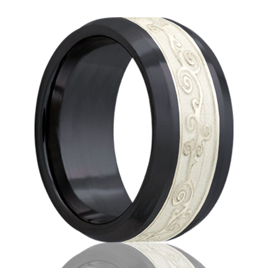 Zirconium Comfort Fit Ring with Engraved Silver